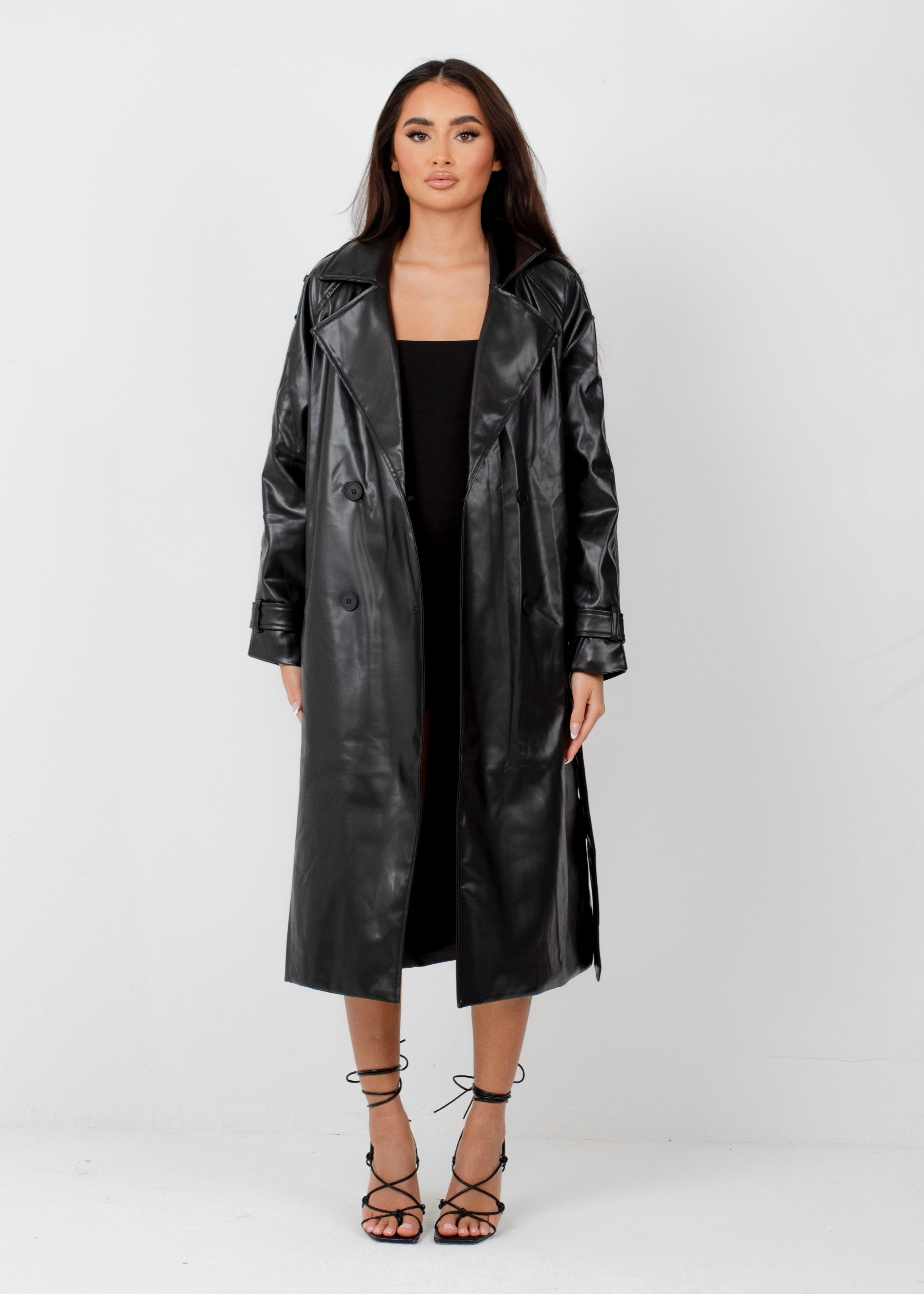 LYDIA - Black Faux Leather Trench Coat