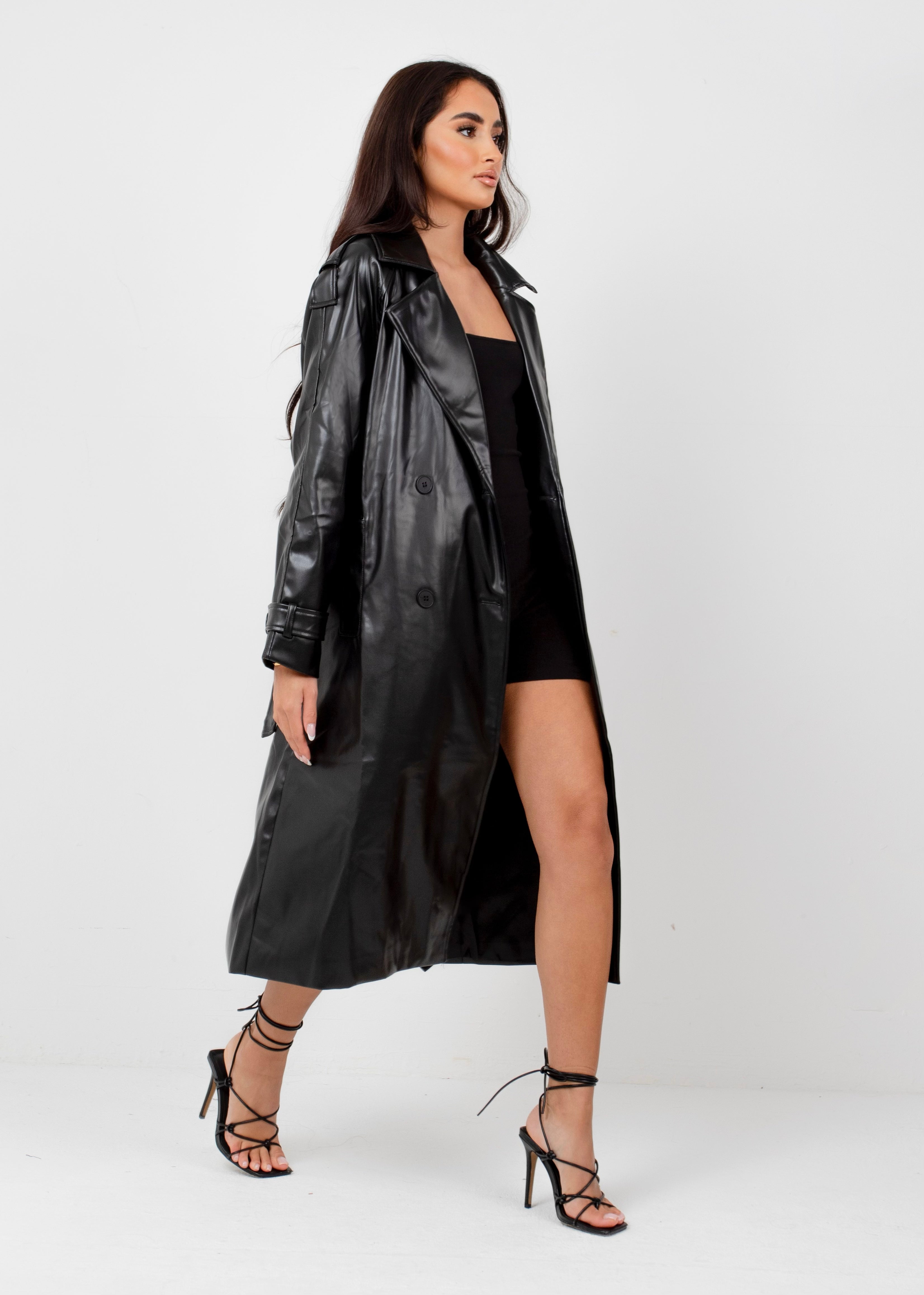 LYDIA - Black Faux Leather Trench Coat