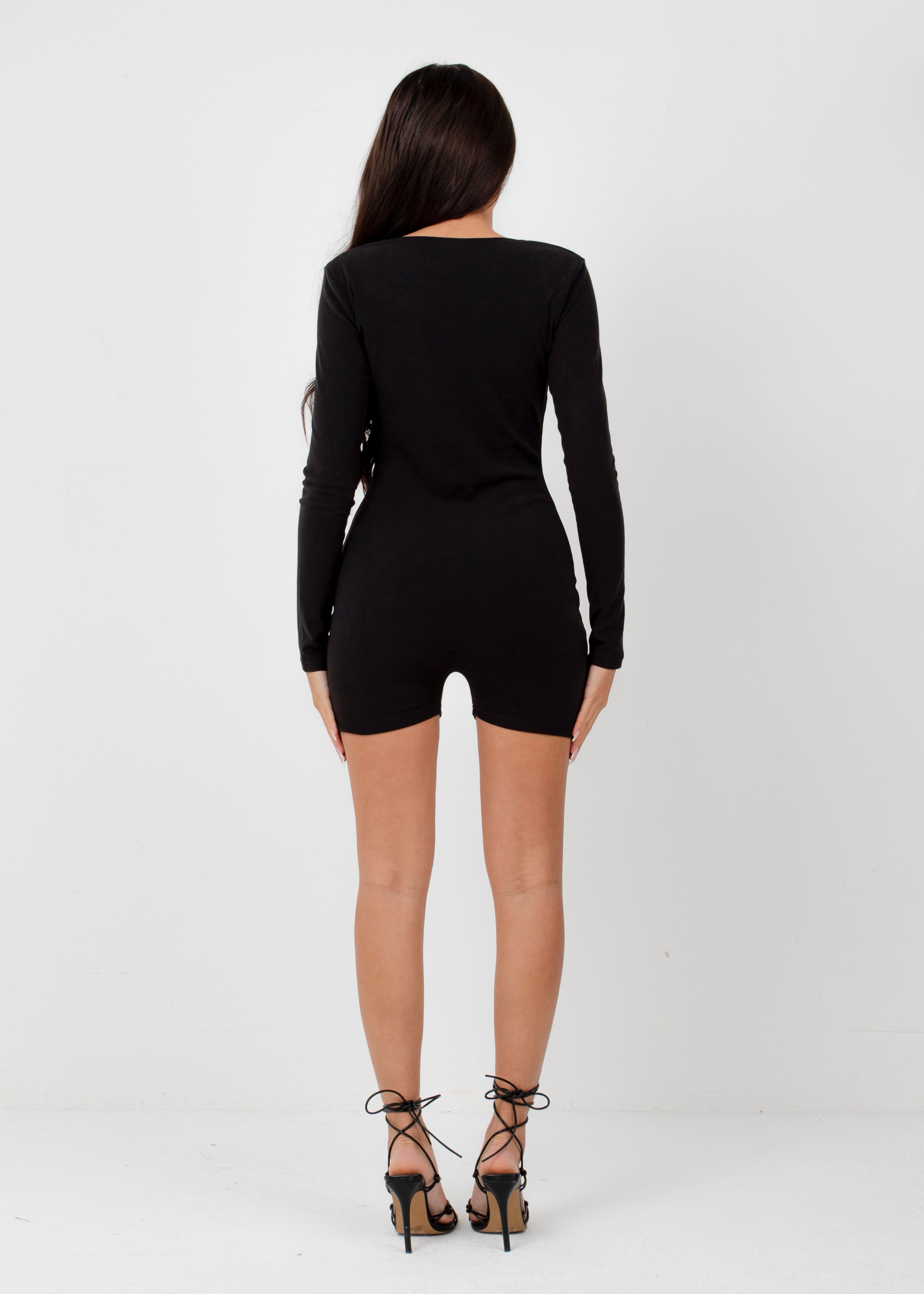 TIANNA - Black Long Sleeve Bodycon Playsuit