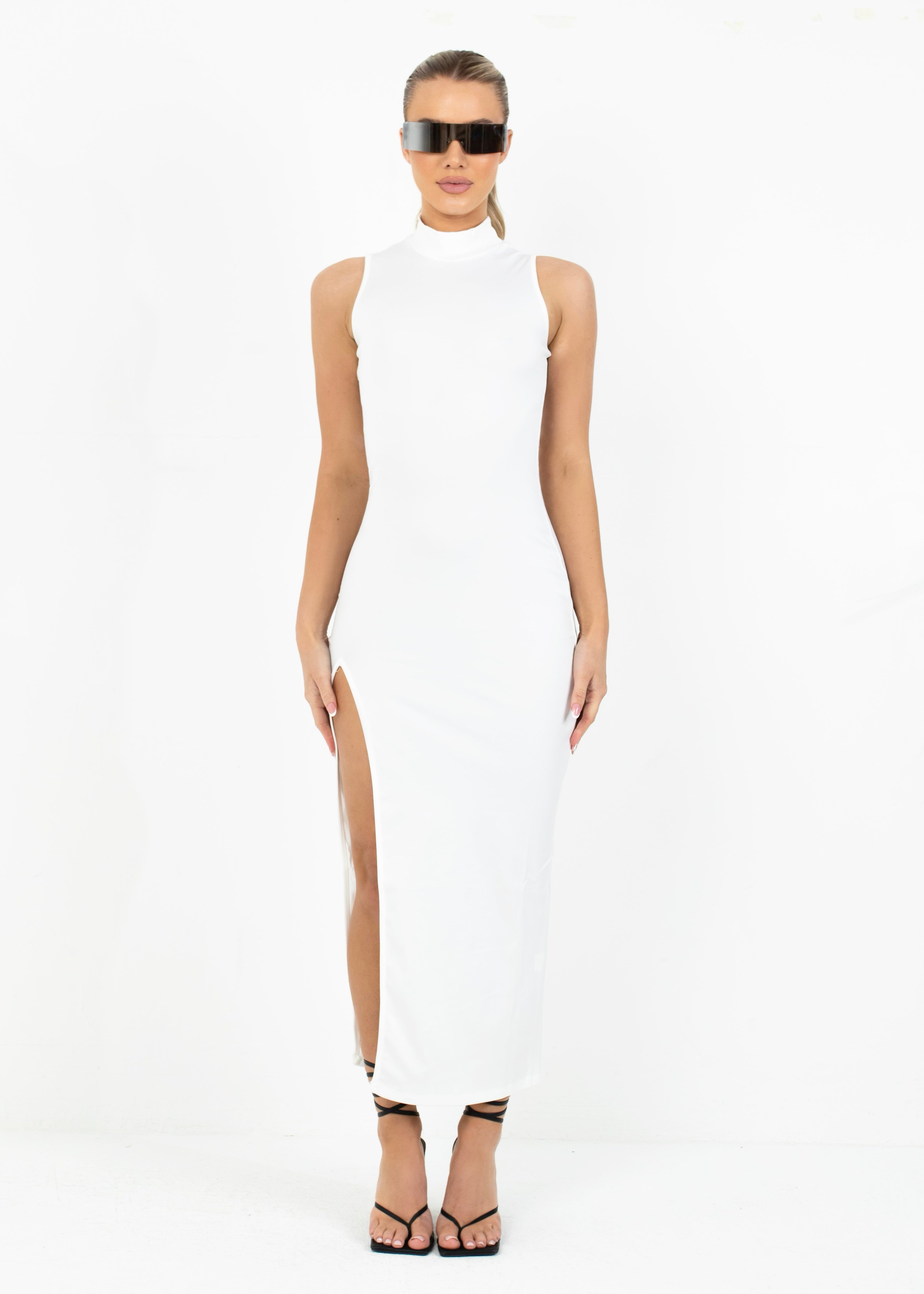 SOPHIA - White High Neck Maxi Dress