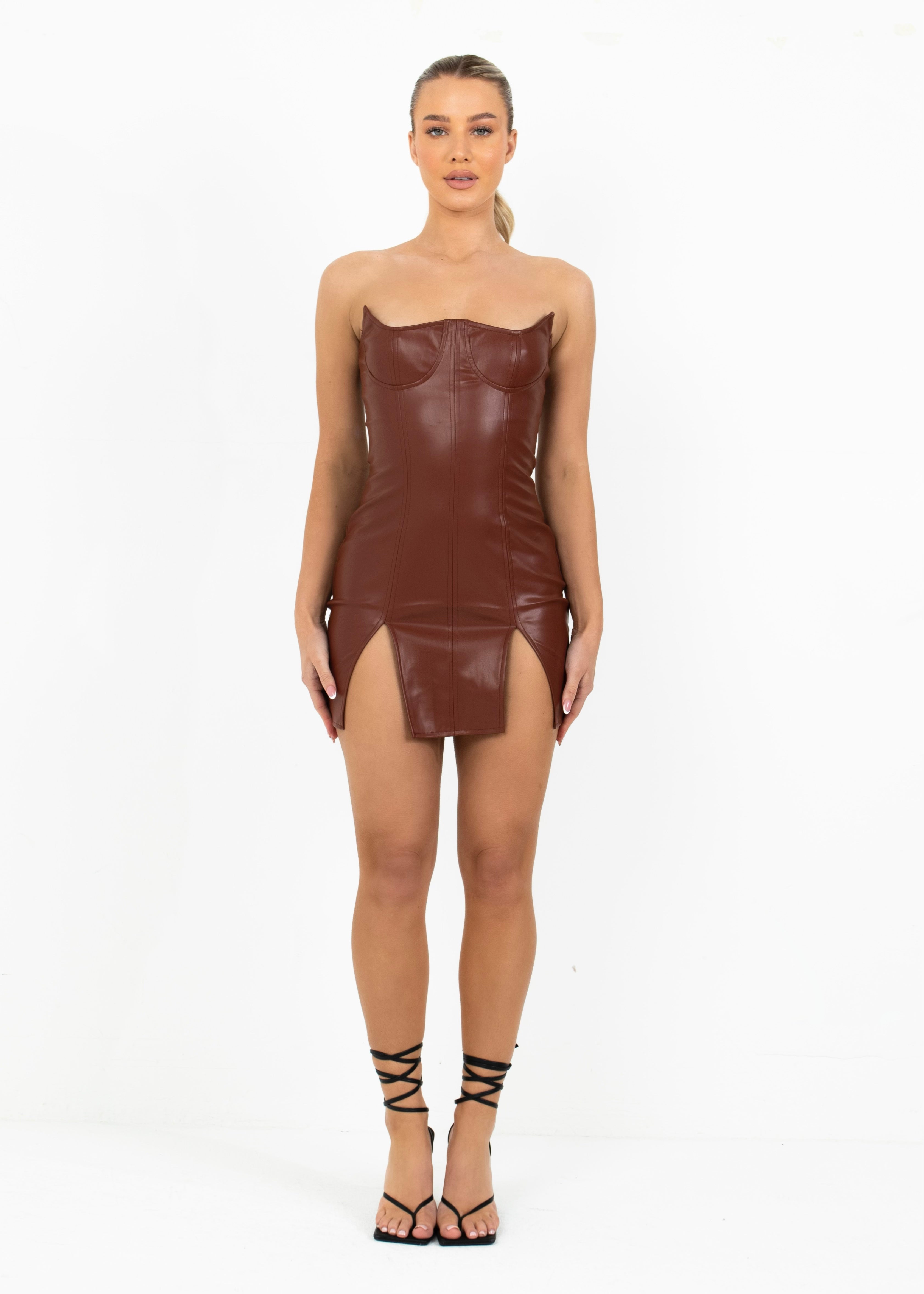 JADA - Brown Faux Bodycon Dress