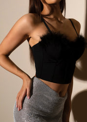 HOLLY - Black Fluffy Corset Crop Top