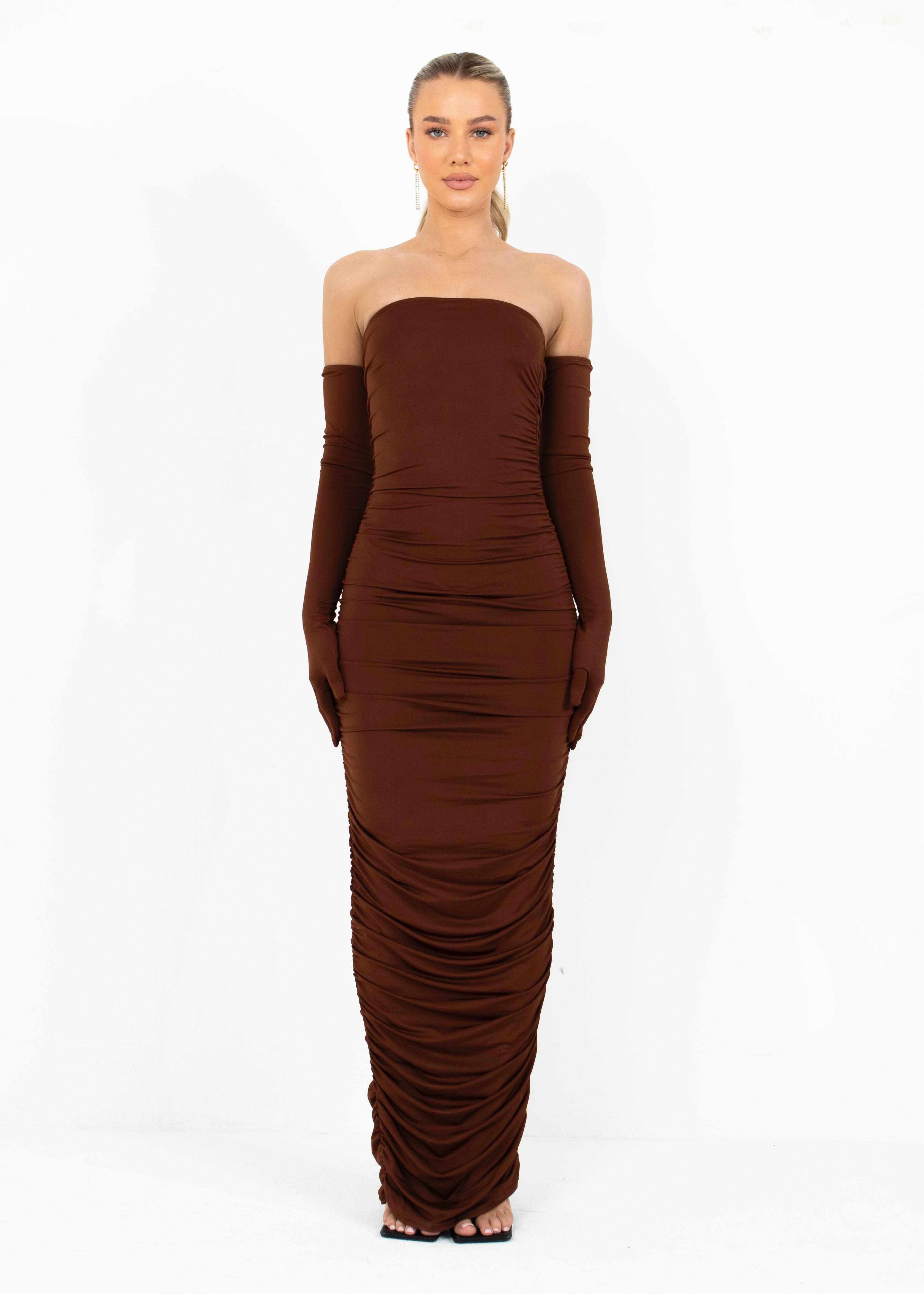 CAMERON - Brown Bandeau Maxi Dress