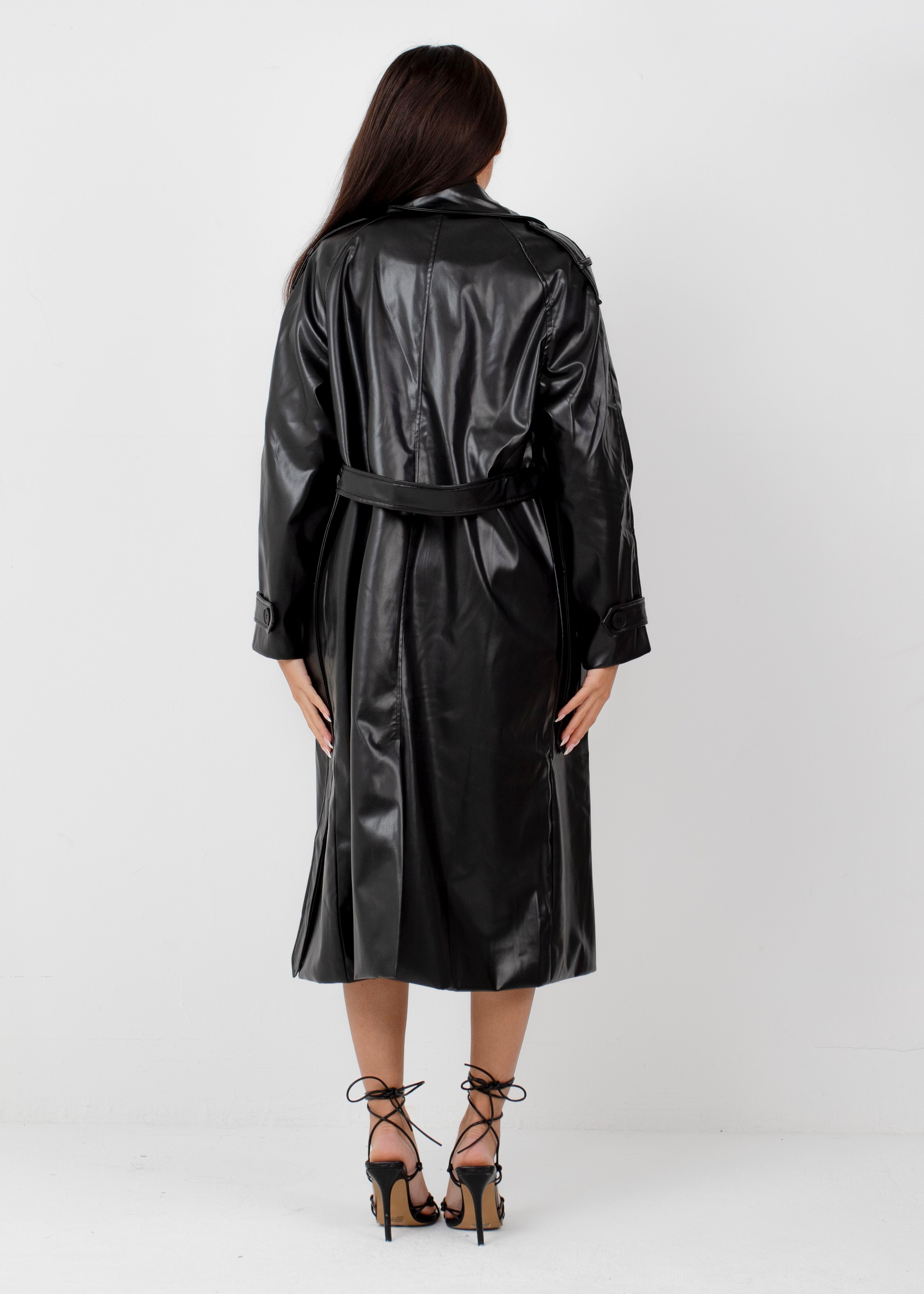 LYDIA - Black Faux Leather Trench Coat