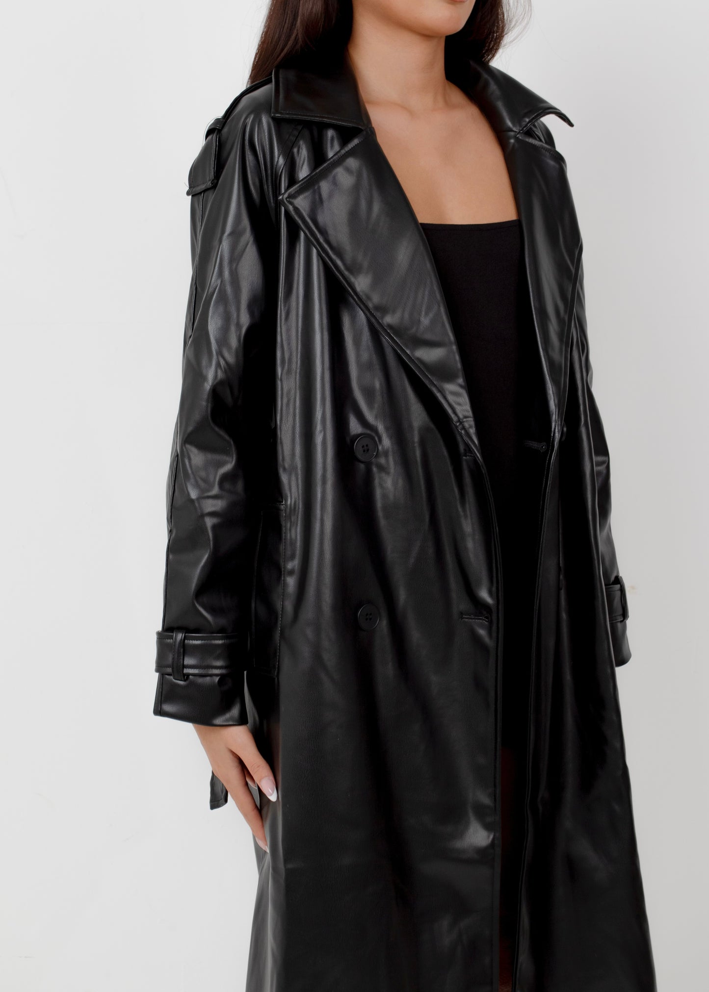LYDIA - Black Faux Leather Trench Coat