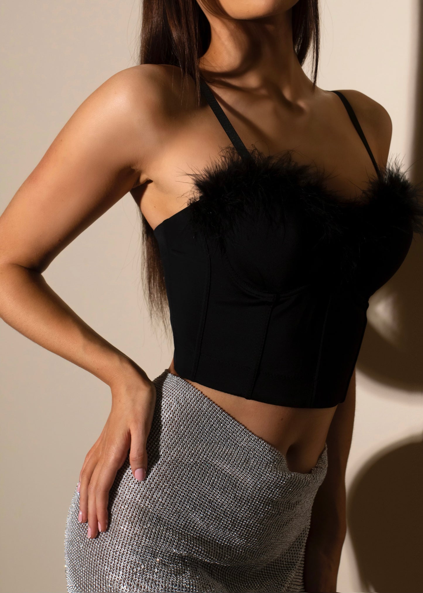 HOLLY - Black Fluffy Corset Crop Top