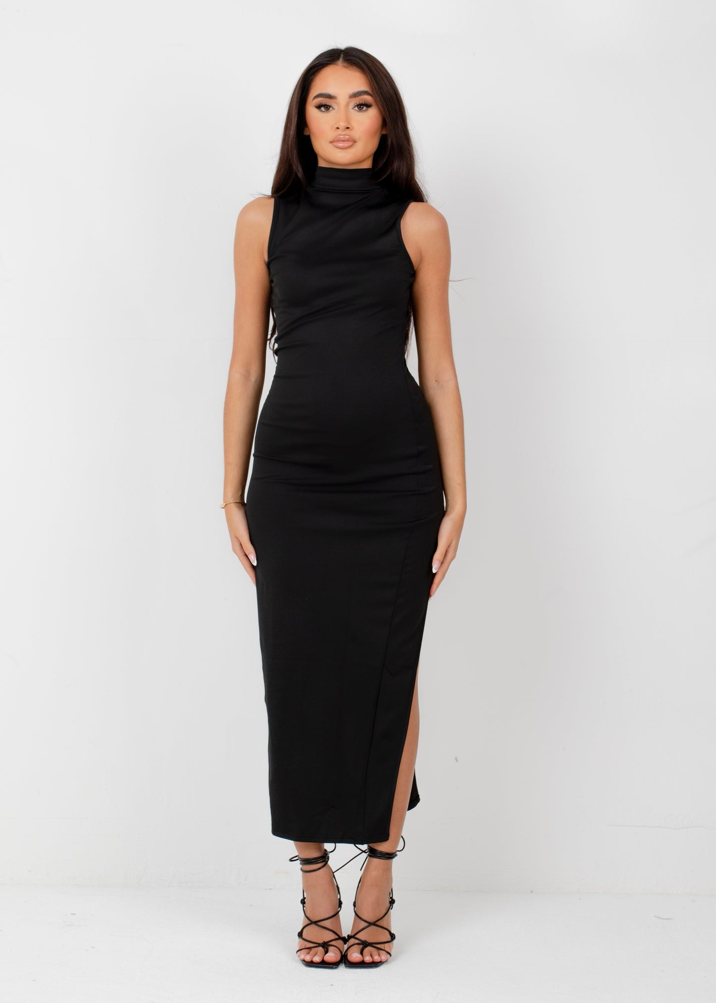 SOPHIA - Black High Neck Midi Dress